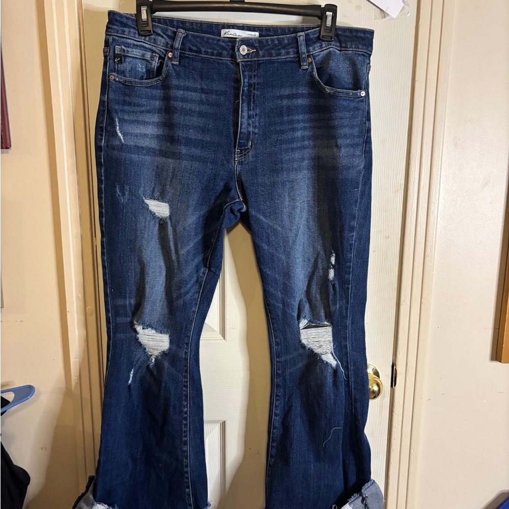 Dark Blue Distressed Flare Jeans - Unbranded